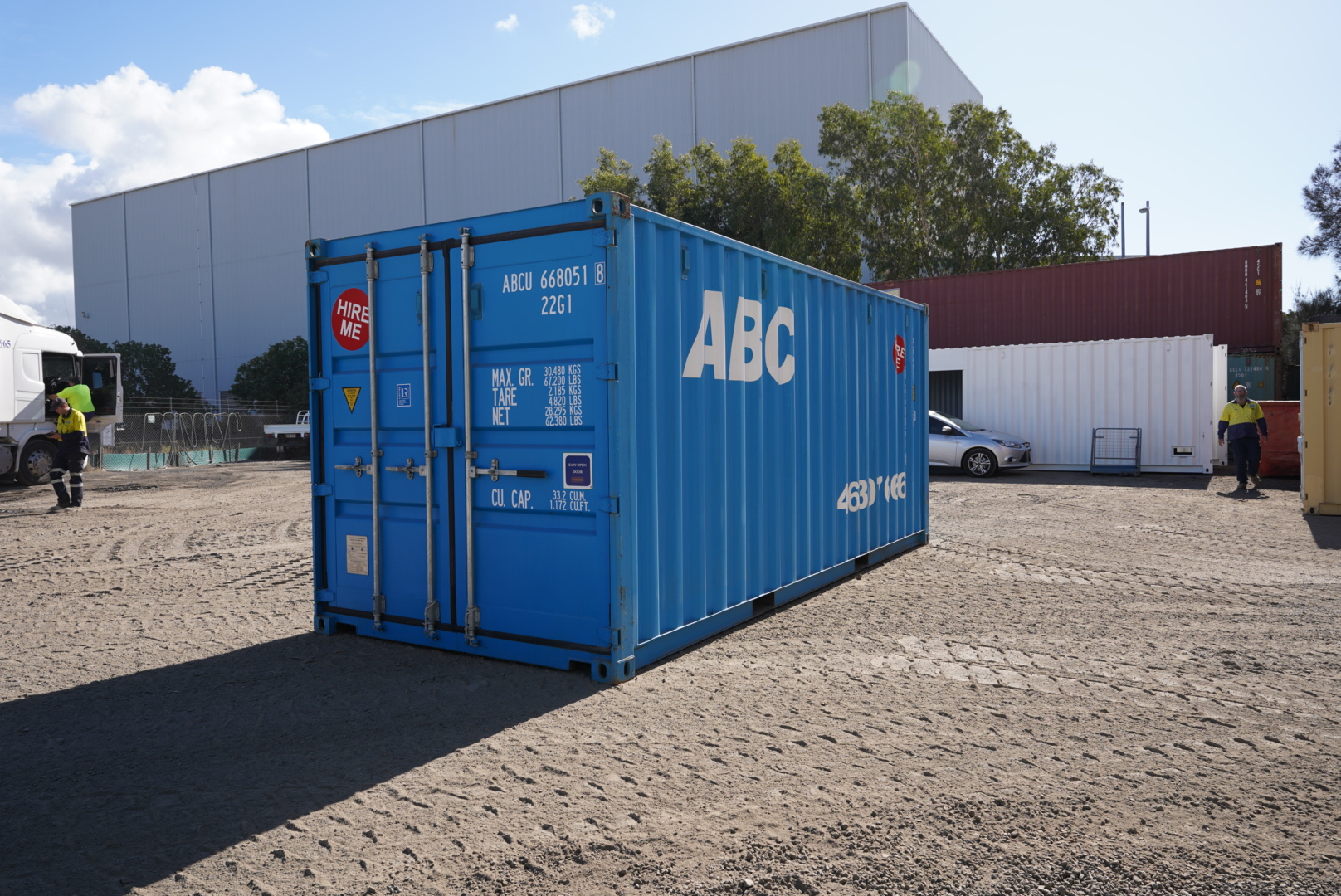 An ABC blue shipping container