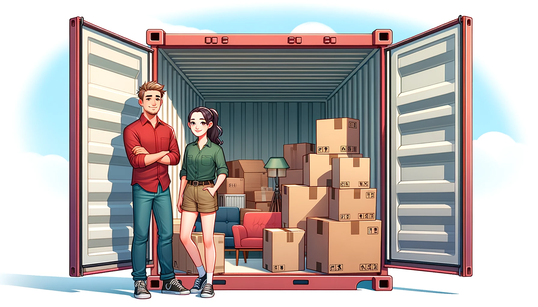 A couple in front of a shipping container filled with boxes